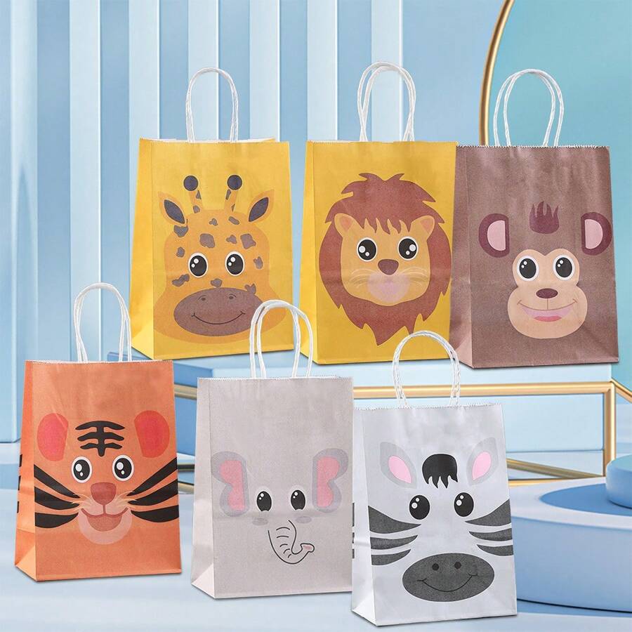 2/12/24pcs/Set Kraft Paper Animal Gift Bags, Elephant, Lion, Monkey, Tiger, Zebra, Giraffe Designs, Suitable For Wedding, Party, Birthday, Mother's Day, Graduation Packaging Bags, Party Favor Bags