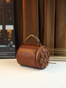 圆点图案波士顿包，通勤包，圆柱包，配有独特的金属腕带斜挎包 - 棕色 - 查看 8