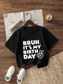 Tween Girl Funny Print Round Neck Short Sleeve T-Shirt, Casual Summer Top