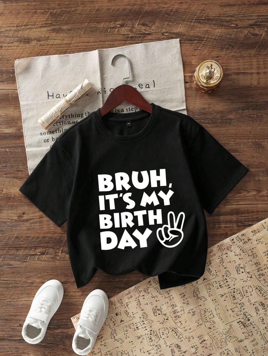 Tween Girl Funny Print Round Neck Short Sleeve T-Shirt, Casual Summer Top