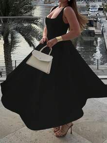 Floreya Solid Color Casual Elegant Woven Fabric Zip Up Dress, Suitable For Evening Date, Party, Wedding, Spring/Summer