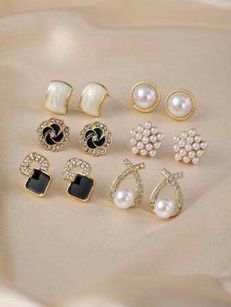 6 件套时尚简约几何黑色闪亮双层花朵水钻仿珍珠耳钉套装，别致风格适合女性日常和节日穿着