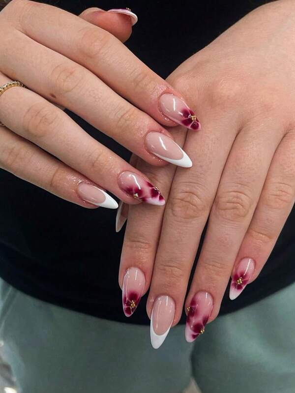 10 peças de unhas postiças em formato de flor de macieira silvestre pintadas à mão, em tom vermelho-rosa, com decoração em formato de bola de aço dourada nos estames. Superfície elegante e simples para manicure francesa branca, fácil de remover e reutilizável, adequada para diversas ocasiões e combina com todos os tipos de roupas. Unhas postiças em formato de amêndoa. Press On Nails - Suprimentos para Unhas