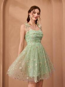 Mgiacy、新品、刺绣、优雅、伴娘礼服、蝴蝶结、荷叶边、迷你连衣裙、适合、婚礼嘉宾 - 綠色 - 查看 4