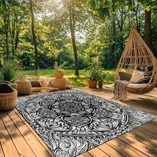 1pc Digital Printed Outdoor Picnic Mat, Beach Blanket, Black & White Mandala Design, Personalized, Fade Resistant, Lightweight Portable, 120g Polyester, With 4 Stake Pegs, Thick Protection, Suitable For Picnic, Camping, Beach, Yard