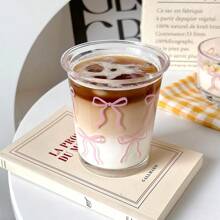 1 French Pink Bow Glass Cup, Ins Style Coffee Cup, Exquisite Milk Breakfast Cup