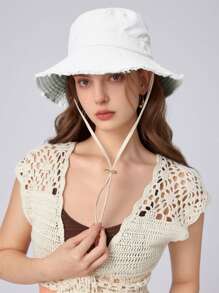 1pc Women's Spring Summer Autumn Solid Color Fringe Drawstring Bucket Hat, Large Brim For Sun Protection, Adjustable Headband, Fashion Accessory