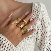 6 pièces Bagues de métal sur le dessus des doigts avec étoiles de mer et coquillages, conception pour femmes, style d'été plage
