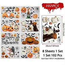 102pcs Halloween Window Clings - Pumpkin, Spider, Bat, & Gnome Stickers, Double-Sided Reusable Decals For Home, Office & Party Decor, Festive Halloween Decoration With "Happy Halloween" Banner, Reusable Decorations | Holiday Vibrant Stickers | Semigloss Finish, Halloween Home Decor, Waterlowrie Wall Decor Wall Sticker Room Decor Wall Stickers Fall Decor Halloween Decorations