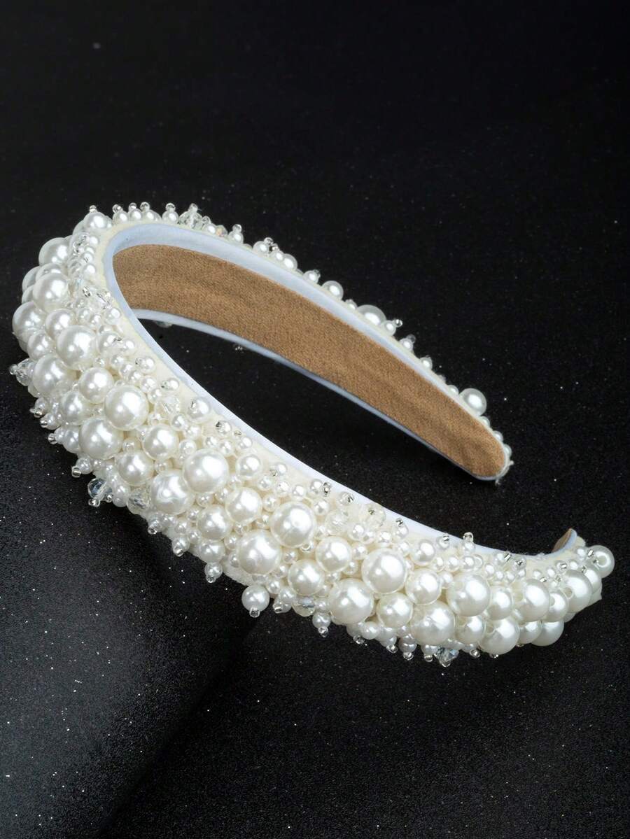 1pc Handmade Pearl Headband, Crystal Bridal Headpiece, Suitable For Wedding Season And Formal Dress - White - View 1