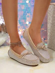 优雅时尚女士水钻平底鞋，带蝴蝶结 - 防滑、舒适、可折叠、适合所有季节，送给妈妈的礼物 - 卡其色 - 查看 2