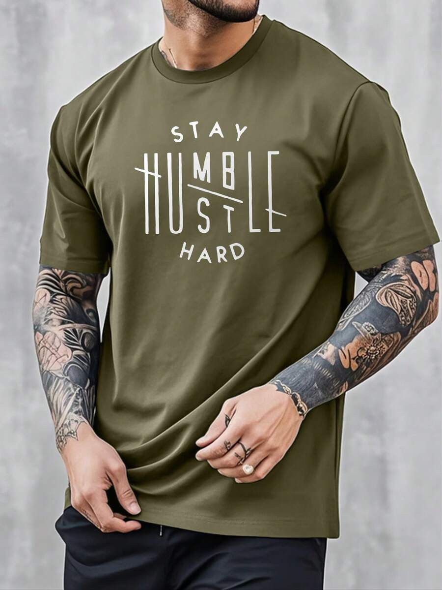 Men's T-Shirt, Classic Graphic T-Shirt, Soft And Comfortable T-Shirts For Men, Script Logo, 180g, 100% Cotton - xanh quân đội - Xem 1