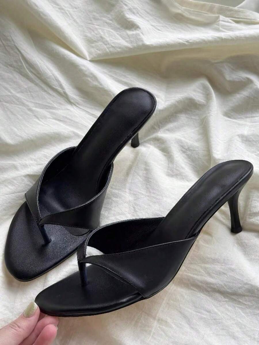 Dép xỏ ngón cao gót đế xuồng màu đen mới 2025 cho nữ mùa hè, dép xỏ ngón đế xuồng lông vũ thông thường - màu đen - Xem 1