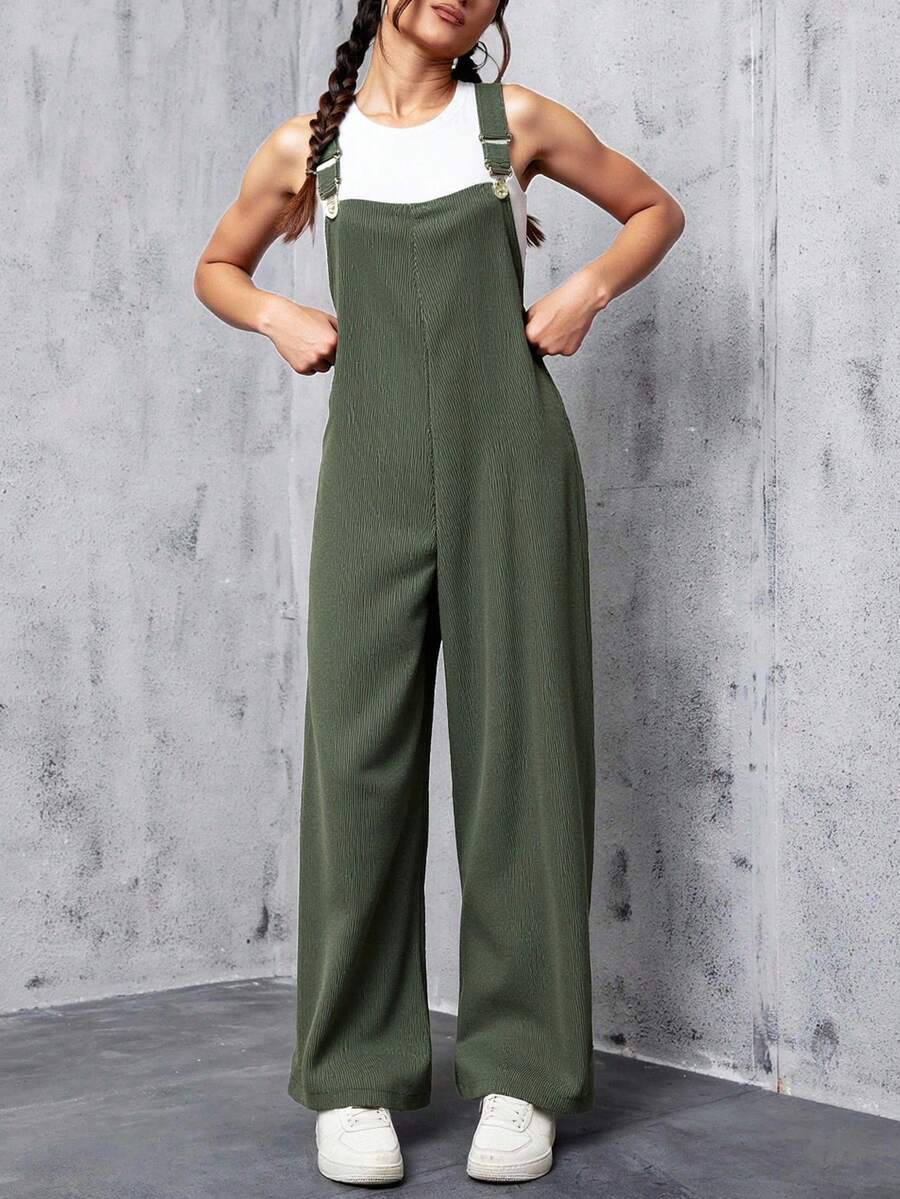 Overall mujer dama casual vintage holgado comodo pana bolsillos costados relajado versatil juvenil streetwear urbano moderno tirantes ajustables corte ancho - Verde - Ver 1