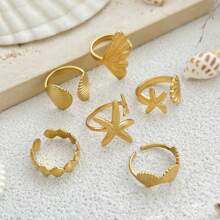 6 pièces Bagues de métal sur le dessus des doigts avec étoiles de mer et coquillages, conception pour femmes, style d'été plage