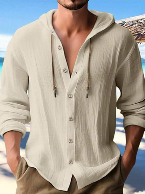 Camisa casual masculina slim fit, manga comprida, com capuz, botões, multiocasiões, adequada para primavera/verão/outono, eventos: Natal, Halloween, Ação de Graças, Dia dos Namorados, Mês do Orgulho, Dia do Professor, Dia dos Pais, Carnaval, Páscoa, Ano Novo, Dia da Mentira, Dia da Independência, Dia do Trabalho, Eid Al-Fitr, Dia de São Patrício, Dia da Enfermagem, vintage, negócios, casual, atividades ao ar livre, encontros