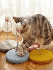 1件随机颜色猫逗棒互动玩具仿真老鼠猫玩具带弹簧弹簧老鼠带圆形底座互动猫玩具小猫抓板猫爬架室内用猫玩具捉老鼠