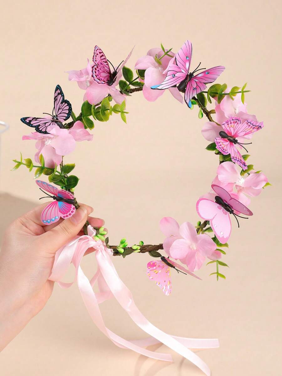1 pieza Diadema con diseño de mariposa, flor y enredadera para niñas, diseño aleatorio de mariposa y flor, estilo natural - Multicolor - Ver 1