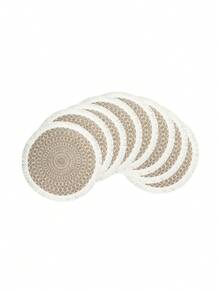 1pc Geometric Pattern Raw Trim Placemat, Boho Tassel Trim Round Shaped Placemat For Dinner Table - Multicolor - View 8