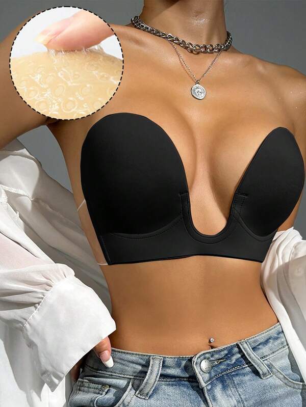 Sujetador adhesivo con aros, estilo push-up, con escote en U profundo, sin tirantes y sin espalda para mujeres