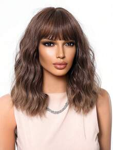 高品质自然舒适14英寸棕色卷发假发，女士全头优雅渐变色合成耐热假发，适合日常、度假和旅行佩戴。 - 棕色 - 查看 5