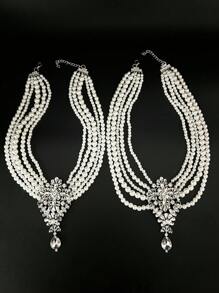 1 Set elegantes koreanisches Stil funkelndes Strass- & Perlen-Mehrschicht Halsketten- & Ohrringe Set, luxuriöser Retro Formeller Kleid Schmuck für Bühne, Party, Feiertage, Alltag