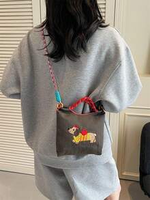 可爱刺绣帆布水桶包，女士时尚防水尼龙单肩托特包，狗狗刺绣图案女士手提包，带可拆卸肩带 - 彩色 - 查看 7