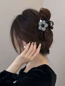 时尚千鸟格花朵发夹，带珍珠和蝴蝶结，中号发饰，适合马尾辫，美容爪夹，优雅发夹