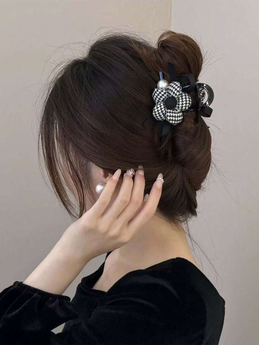 时尚千鸟格花朵发夹，带珍珠和蝴蝶结，中号发饰，适合马尾辫，美容爪夹，优雅发夹