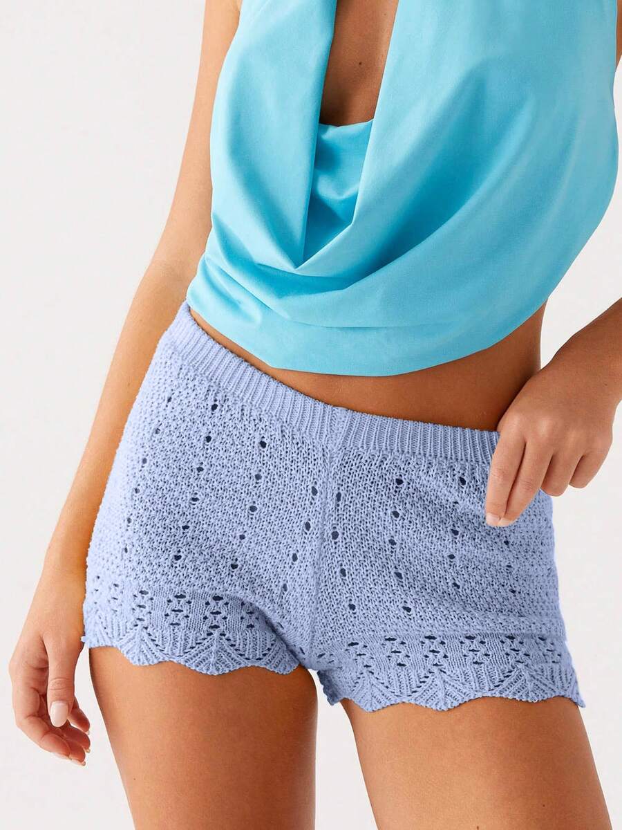 Women Knit Shorts Y2k Crochet Knitted Mini Shorts Cute Elastic Waist Solid Color Hollow Out Bottom Summer Beachwear Lounge Shorts - 藍色 - 查看 1