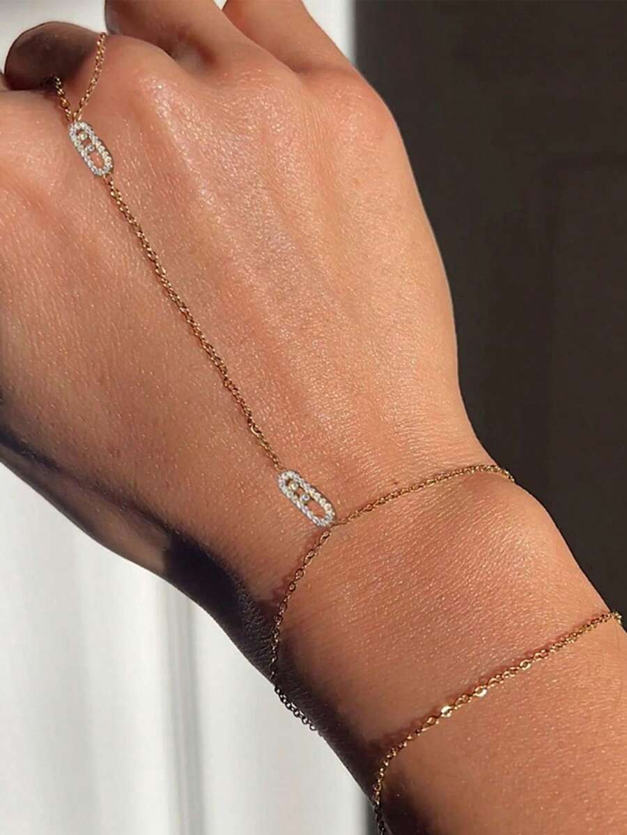 1pc Elegant Luxury Copper Gold-Color Geometric Zirconia Stone Knuckle Finger Bracelet, Suitable For Party, Ball, Banquet And Daily Outfit