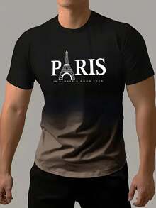 KOVSEE 男士黑色和灰色渐变色埃菲尔铁塔巴黎字母印花短袖 T 恤，户外运动休闲日常跑步篮球足球服，透气健身 T 恤，适合男友礼物 - 棕色 - 查看 1