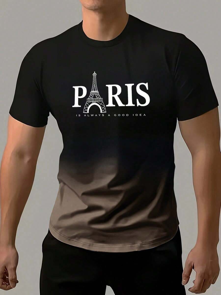KOVSEE 男士黑色和灰色渐变色埃菲尔铁塔巴黎字母印花短袖 T 恤，户外运动休闲日常跑步篮球足球服，透气健身 T 恤，适合男友礼物 - 棕色 - 查看 1