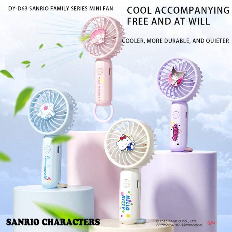 SANRIO 可爱USB迷你风扇，3档风速可调，超强风力，便携式手持风扇，可充电，时尚卡通设计，小巧迷你电风扇，带挂环，学生宿舍小礼物 - 彩色 - 查看 1