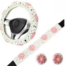 onEternal Hand-Knitted Cute Puff Steering Wheel Cover And Seatbelt Covers Car Accessories Set