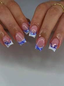 24Pcs Short Square Flower Nails With Pearls Design White French Acrylic Press On Nails Short Perfect Fit Fake Nail Set,Contain 1Pc Jelly Glue And 1Pc Nail File,Easy To Wear Summer Nails & French Tip Nails Art For Woman Girl Daily Work Festivals Party Use Nail Supplies Nails