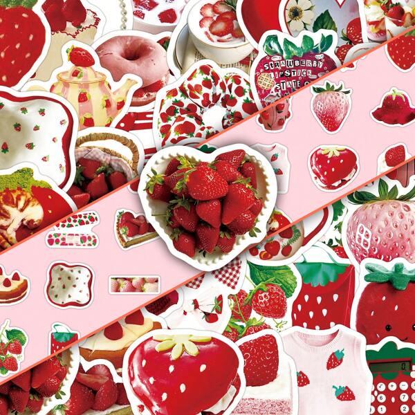 50pcs Fresh & Simple Korean Style Strawberry INS Print DIY Creative Phone Speaker Decorative Stickers School Supplies, Back To School
