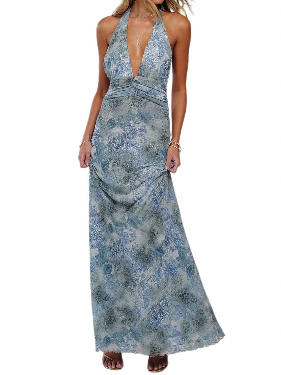 Womens Boho Floral Print Halter Maxi Bodycon Dress Summer Sexy Backless Flowy Long Dresses Beach Vacation Sundress - 藍色 - 查看 1