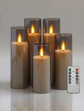 Set de 5 velas sin llama de acrílico con control remoto y temporizador, velas LED con llama parpadeante, blanco cálido, mecha 3D, candelabros de plástico de 2.2x5", 5", 6", 7", 8" para bodas, fiestas, vacaciones, decoración del hogar (resistente, gris)