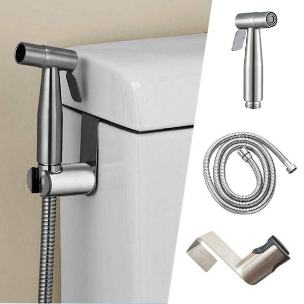 Juego de 3 piezas de compañero de baño de acero inoxidable plateado, rociador de bidé para baño con manguera de ducha y soporte de gancho