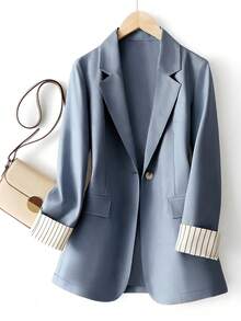 大码女式休闲通勤条纹拼接单扣长袖西装外套