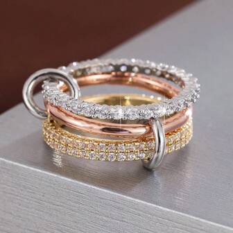 1 pieza Anillo de mujer de diseño de 3 círculos entrelazados con incrustaciones de circonita cúbica de moda