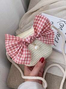 1 Stück handgemachte, naturinspirierte Mini-Stroh-Schleife-Umhängetasche, minimalistischer, frischer und einfacher Stil für Frauen