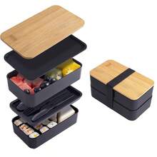 1 pieza Caja Bento de doble capa, caja de almuerzo con estampado de madera con gran capacidad, recipiente de preparación de comida apto para microondas para estudiantes y trabajadores de oficina, útiles escolares