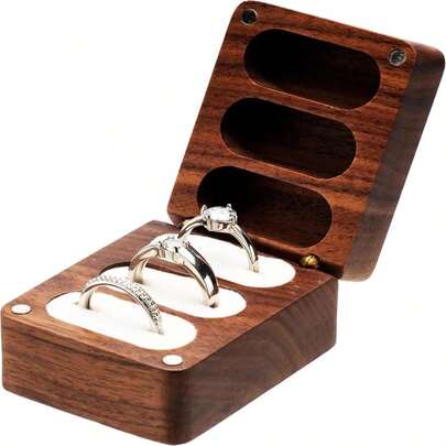COSISO Walnut Wooden Wedding Ring Storage Box,Solid Ring Holder For Ring 3 Slots Wedding Ceremony Engagement Birthday (Black Inner) Back To School Dormitory Storage