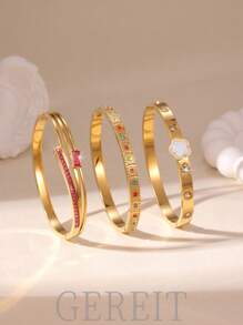 GEREIT 1 pieza Brazalete de acero inoxidable de 18k con flores de 5 pétalos asimétricas y circonita colorida, adecuado para uso diario y fiestas