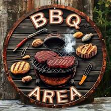 Área de Churrasco Circular de Madeira com um Logo de Madeira Inspirado em Arte de Parede Vintage de Churrasco, com Decorações Externas com Imagens de Bife e Ferramentas, Acessórios Retrô de Bar/Café/Terraço do Quintal, com Diâmetro de 19,8 cm.
