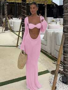 FOR BEAUTY Women's New Arrival Spring/Summer: Peach Pink Fitted Waist Hollow-Out Deep V-Neck Knit Maxi Dress, Suitable For Beach, Seaside, Swimming - Light Peach Pink - View 3