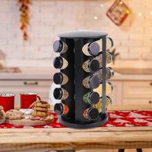Plateau tournant à épices, carrousel à pots à épices, plateau tournant à épices, conteneurs de stockage d'épices, rond, noir, acier inoxydable (16/20 pots) Support à épices rotatif à 360 °, organisateur avec 16 pièces et 20 pots, autoportant, rangement en acier inoxydable pour cuisine, noir.