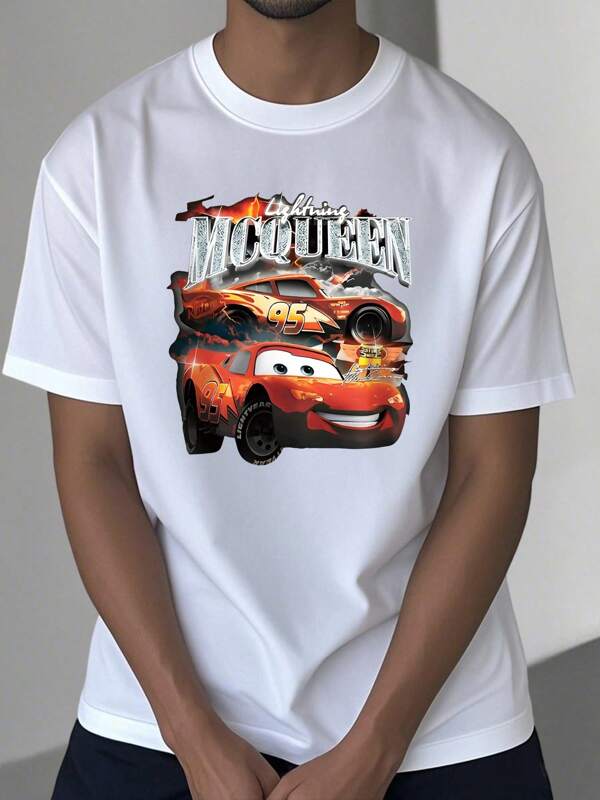 T-shirt à manches courtes avec imprimé dessin animé Cars McQueen, idéal pour l'été, pour homme